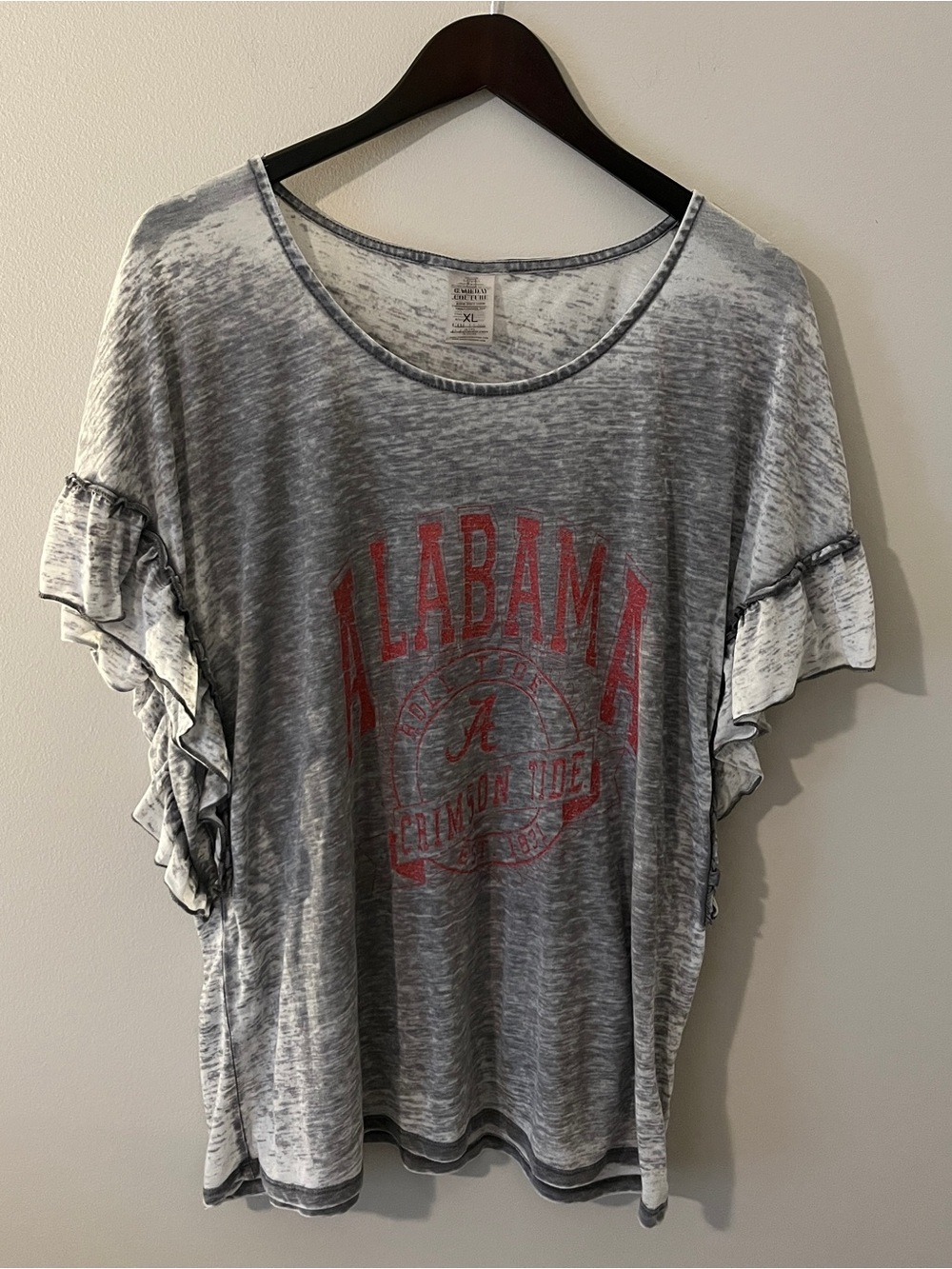 Women's Alabama Ruffle Sleeve Graphic Tee - Gray with Red Print